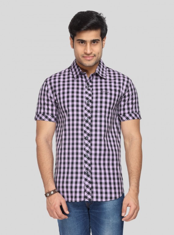 Men’s Purple Casual Checked Half Sleeve Shirt – Vibrant Checks, Relaxed Fit
