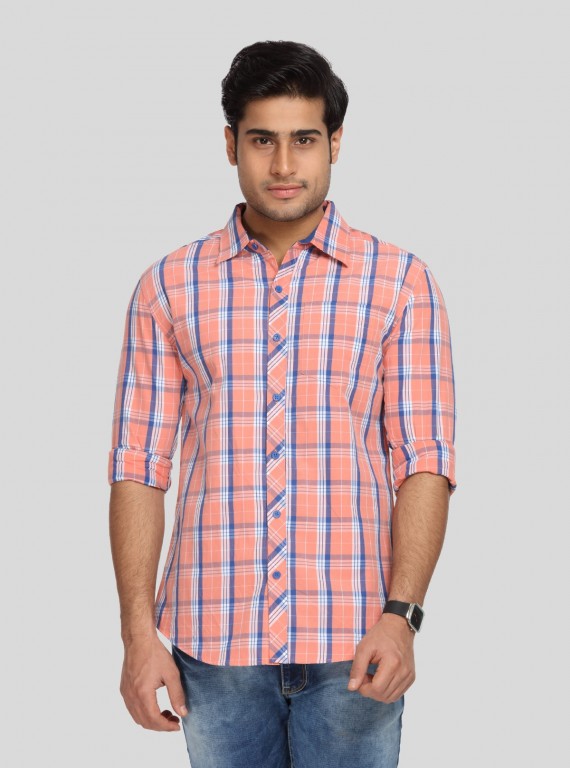 Men’s Peach Casual Checked Full Sleeve Shirt – Cool Comfort, Fresh Style