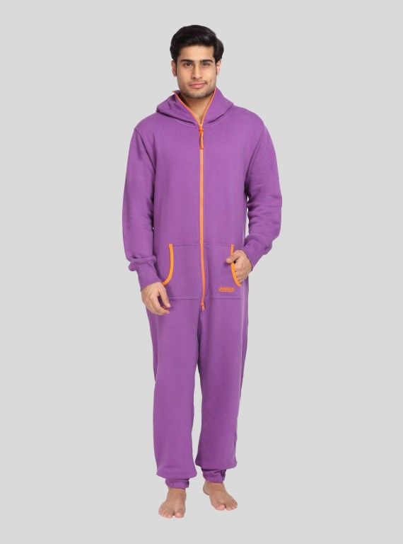 Men’s Purple Hooded Jumpsuit – All-in-One Comfort with Urban Style