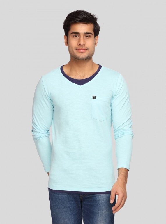 Men's Sea Blue V-Neck Slub Jersey Full Sleeve T-Shirt – Relaxed Style & Texture