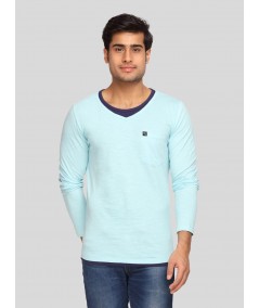 Men's Sea Blue V-Neck Slub Jersey Full Sleeve T-Shirt – Relaxed Style & Texture