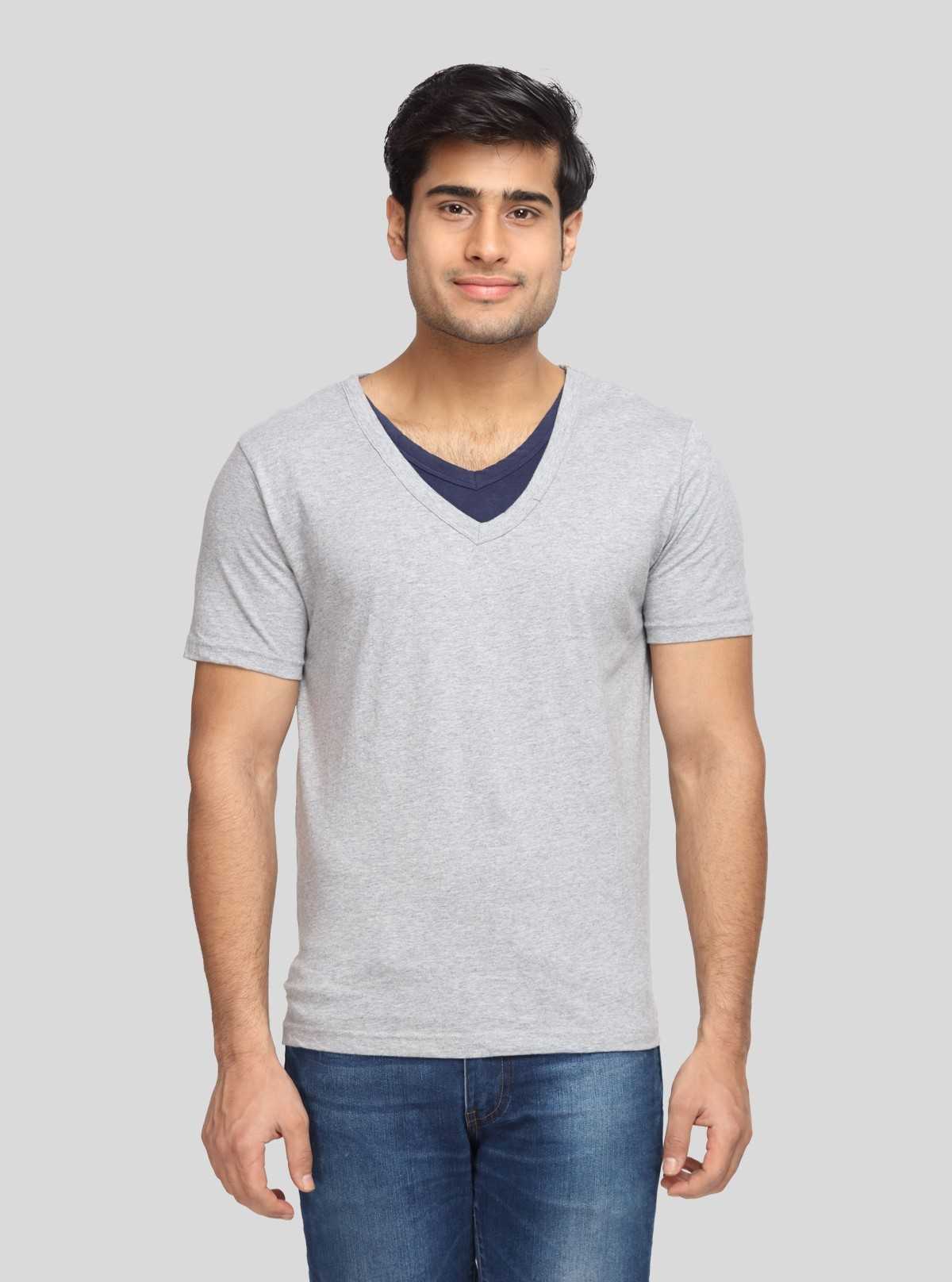 Men's Grey Melange Classic Fit V-Neck T-Shirt – Soft Cotton Everyday Essential
