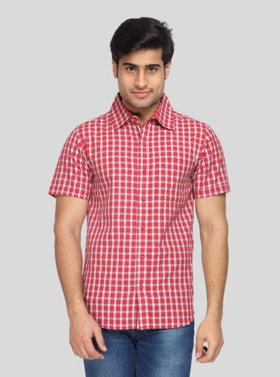 Men's Cherry Red Checked Half Sleeve Shirt – Bold Checks, Everyday Comfort