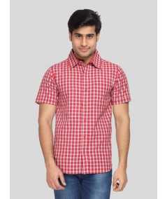 Men's Cherry Red Checked Half Sleeve Shirt – Bold Checks, Everyday Comfort