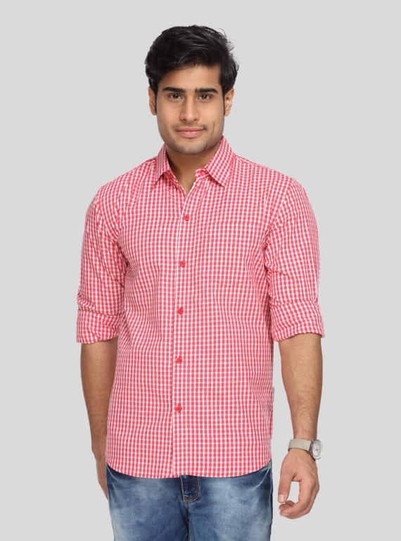 Men’s Red Patterned Checked Full Sleeve Shirt – Smart Casual Wear Essential