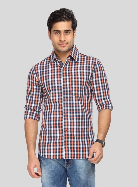 Men’s Orange and Black Checked Shirt – Bold Casual Style for Men