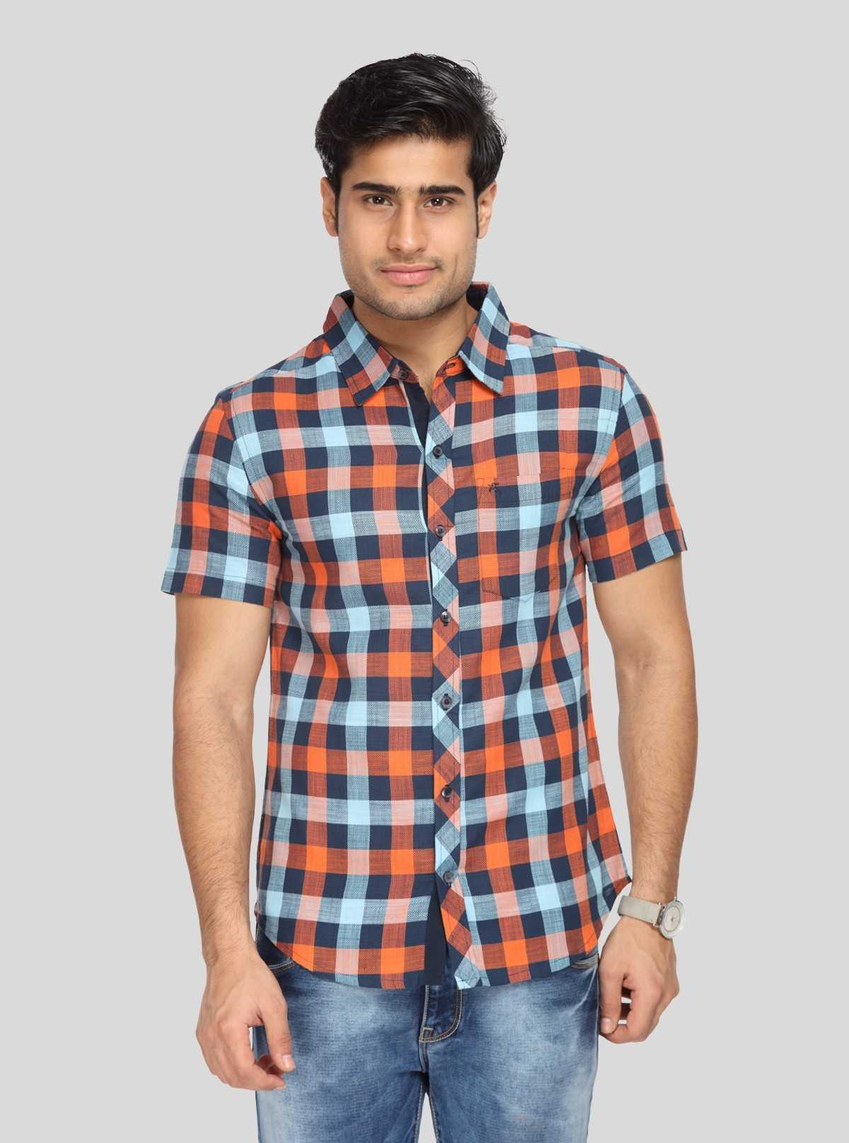 Men’s Orange & Blue Broad Checked Slim Fit Shirt – Bold Style by Boer & Fitch