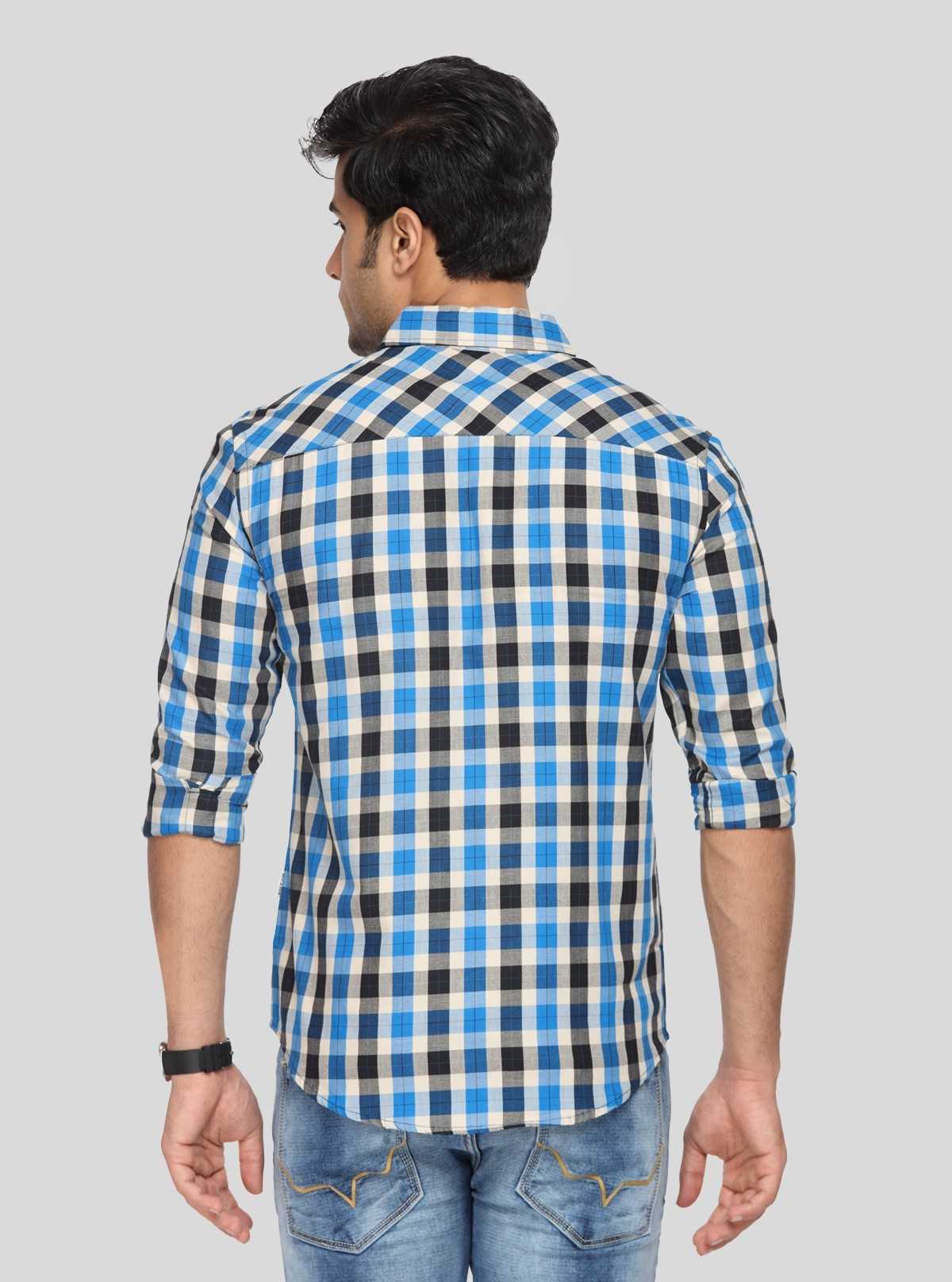 blue and white checkered shirt with tie