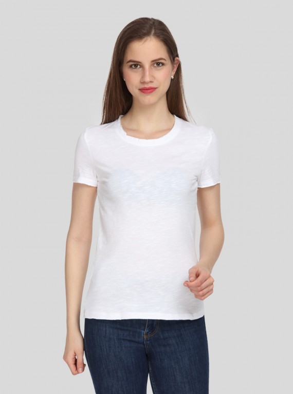 Women's White Solid Crew Neck Cotton Slub Jersey Short Sleeve T-Shirt by Boer and Fitch