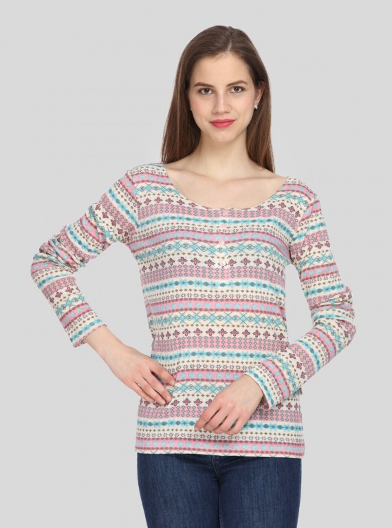 Women's Multicolor Print Scoop Neck Cotton Waffle Knit Buttoned Top