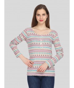 Women's Multicolor Print Scoop Neck Cotton Waffle Knit Buttoned Top