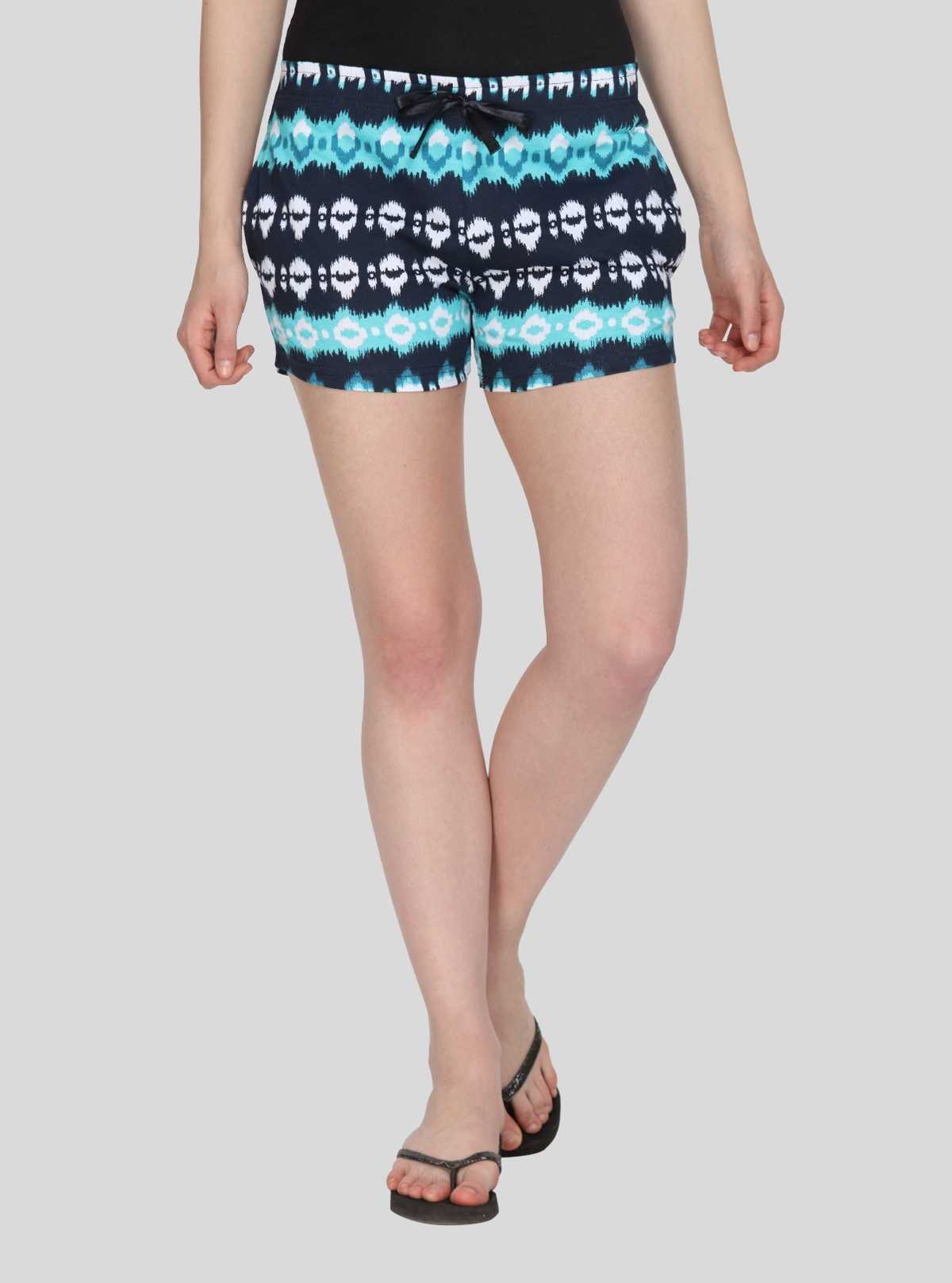 Women’s Navy Blue All-Over Printed Cotton Jersey Shorts – Stylish & Comfy Everyday Wear