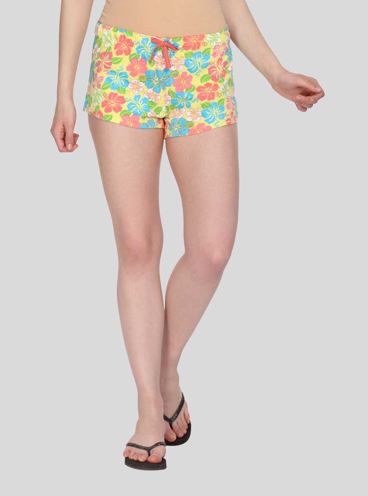 Women’s Yellow Floral Cotton Jersey Shorts – Soft, Stylish & Summer-Ready