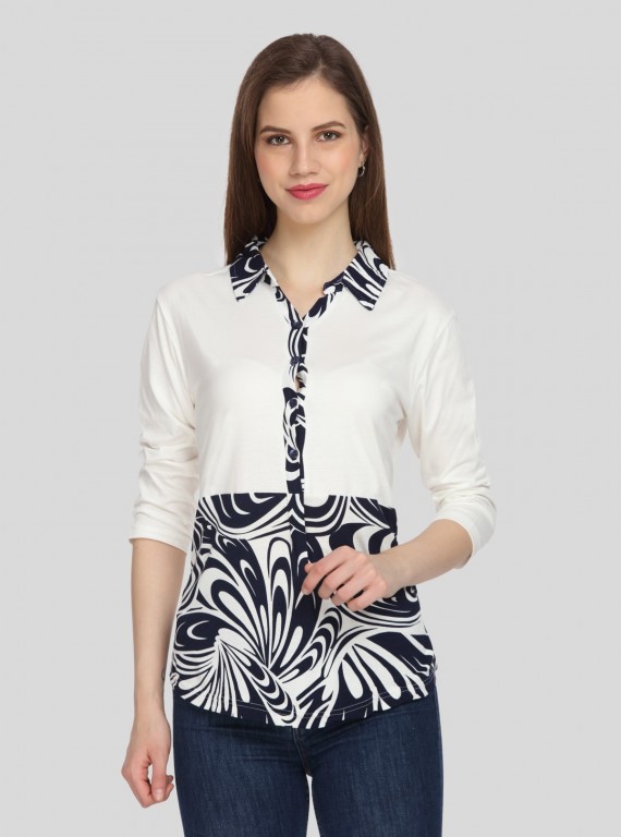 Women's Ecru Feather Print Collared Neck Top with Long Sleeves – Cotton Jersey | Boer & Fitch