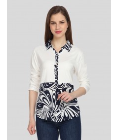 Women's Ecru Feather Print Collared Neck Top with Long Sleeves – Cotton Jersey | Boer & Fitch