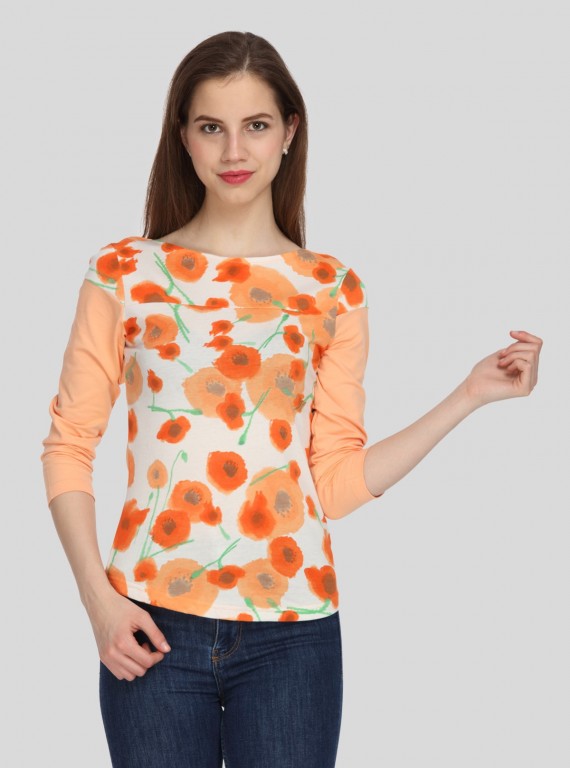 Women's Orange Floral Print Scoop Neck Top with Contrast Sleeves – Cotton Jersey