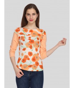 Women's Orange Floral Print Scoop Neck Top with Contrast Sleeves – Cotton Jersey