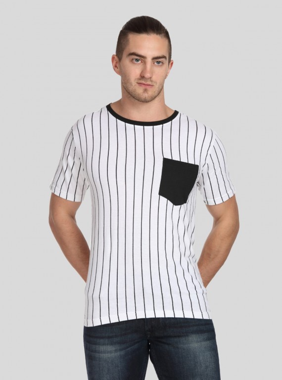 Men’s White Striped T-Shirt with Patch Pocket – Smart & Stylish Everyday Wear