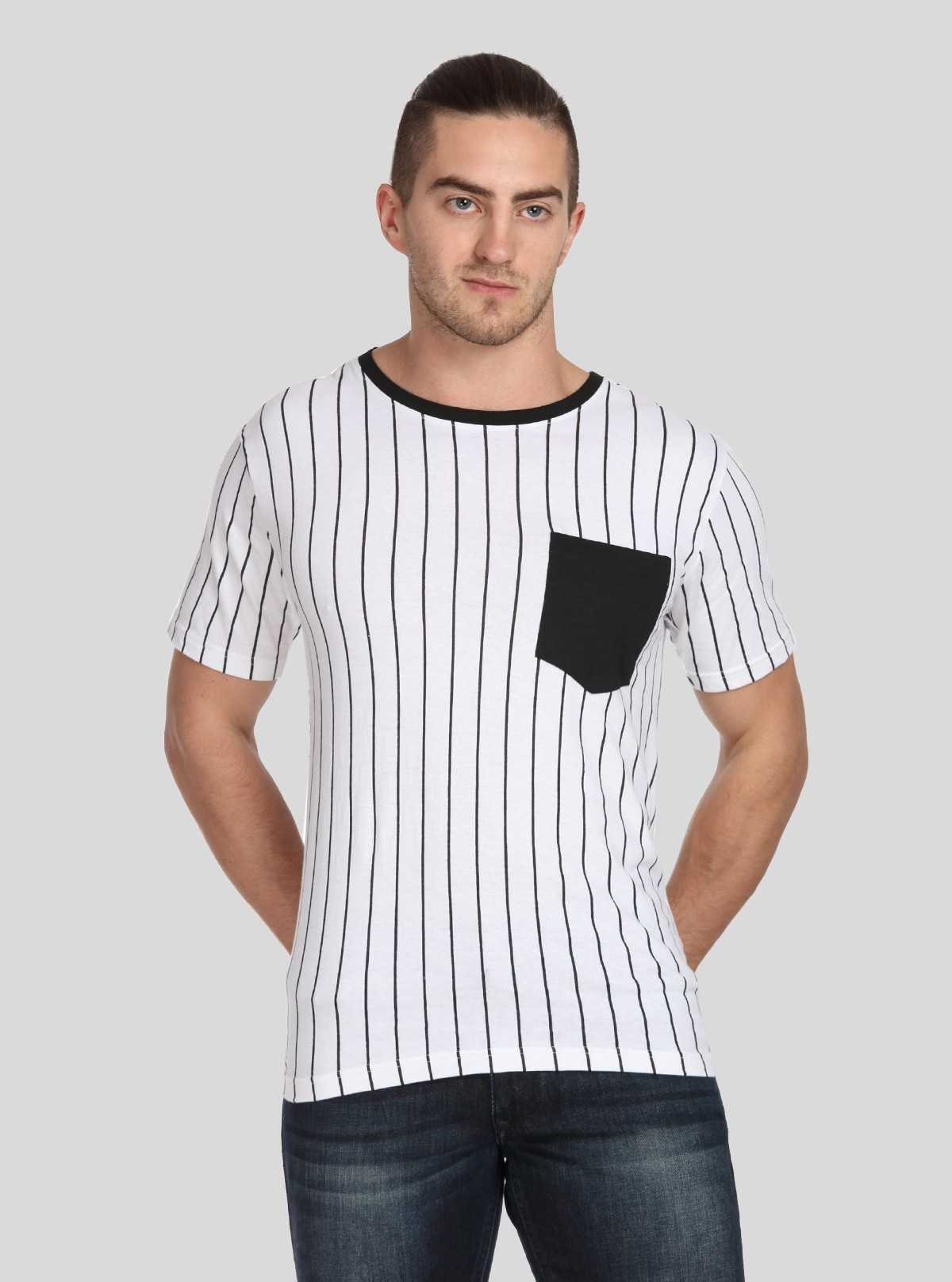 Men’s White Striped T-Shirt with Patch Pocket – Smart & Stylish Everyday Wear