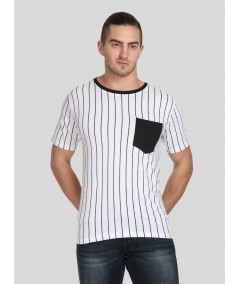 Men’s White Striped T-Shirt with Patch Pocket – Smart & Stylish Everyday Wear