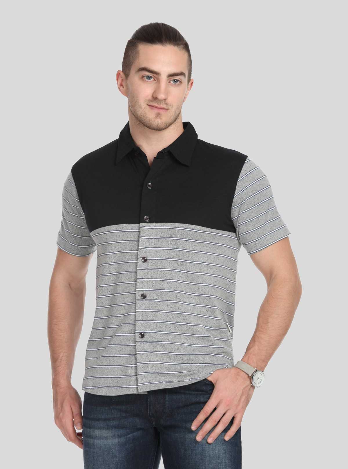 Men’s Black with Grey Striped Polo T-Shirt – Classic, Stylish & Breathable Fit