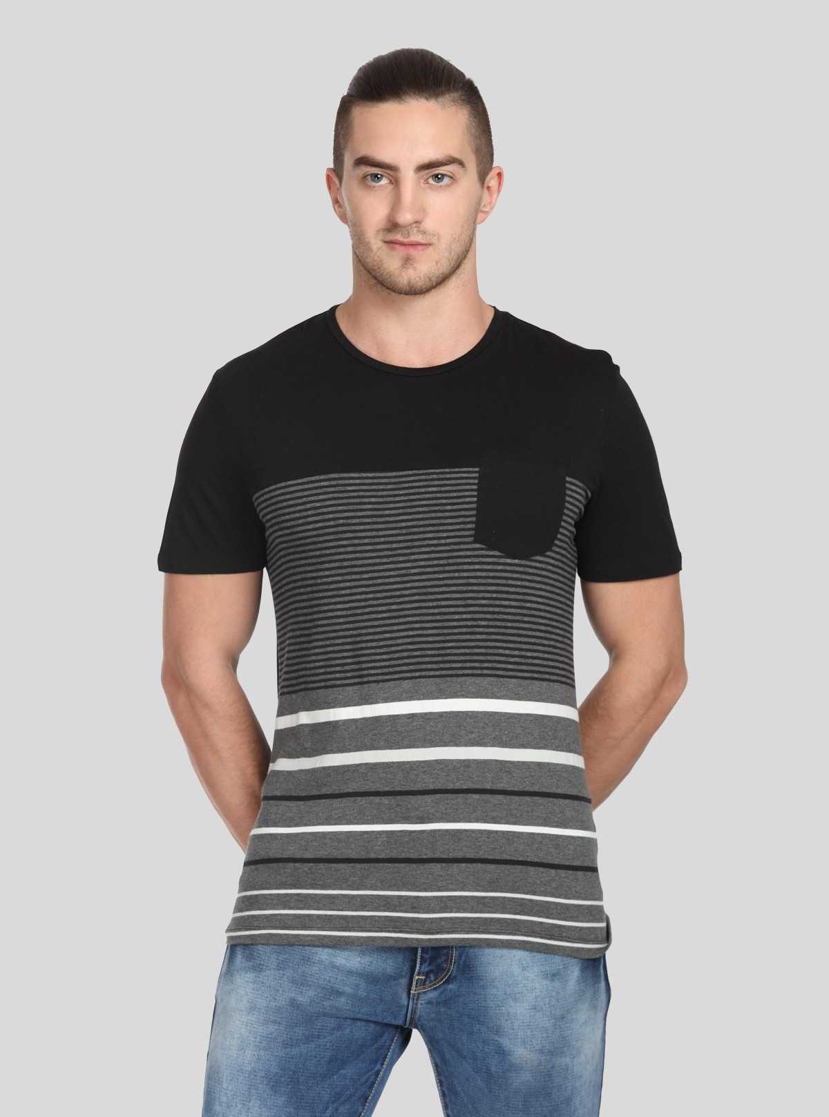 Men’s Textured Black Round Neck T-Shirt with Patch Pocket – Stylish Minimalism