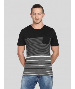 Men’s Textured Black Round Neck T-Shirt with Patch Pocket – Stylish Minimalism