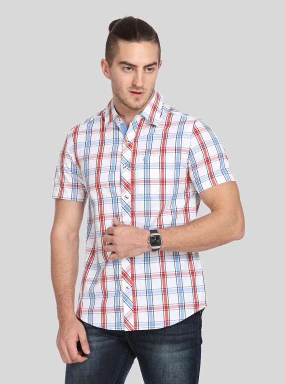 Men’s Red & Blue Checked Slim Fit Shirt – Stylish Casual Wear by Boer & Fitch