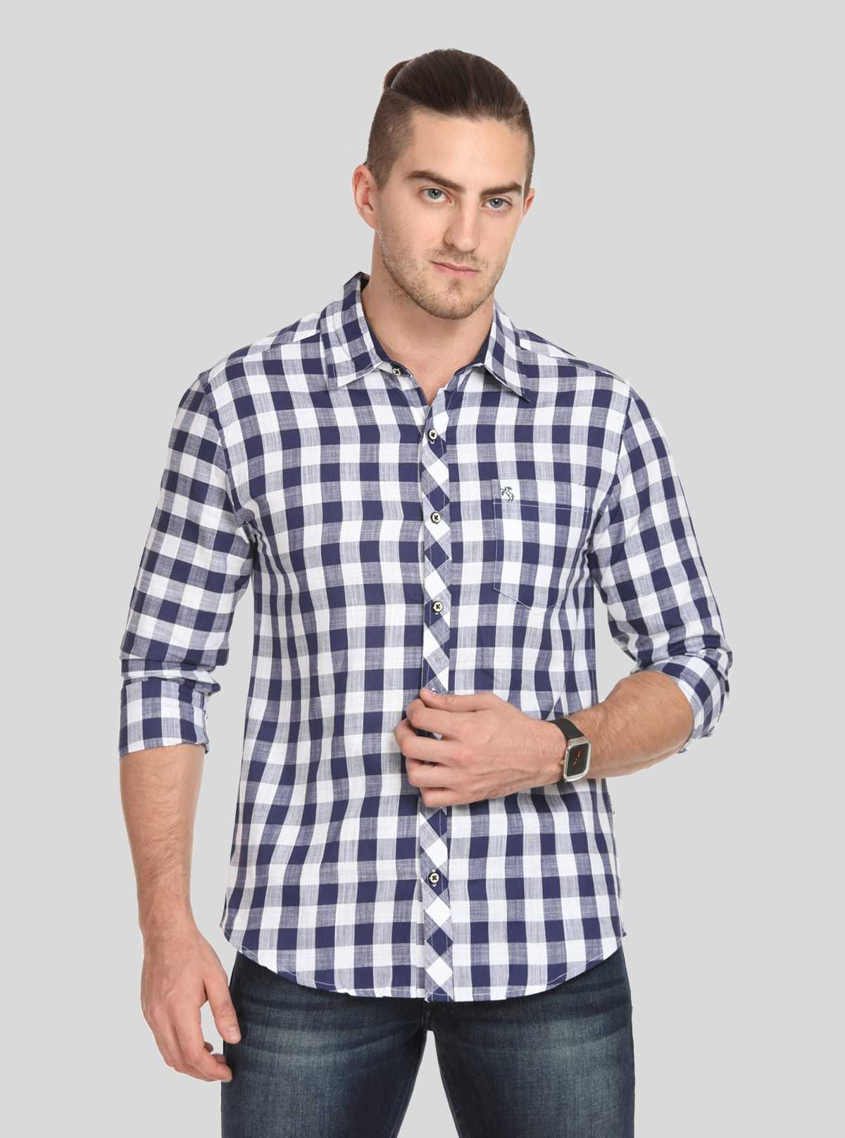 Men’s Navy Checked Slim Fit Full Sleeve Shirt – Modern Casual Elegance by Boer & Fitch