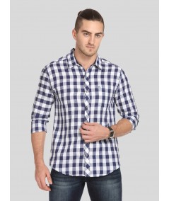 Men’s Navy Checked Slim Fit Full Sleeve Shirt – Modern Casual Elegance by Boer & Fitch