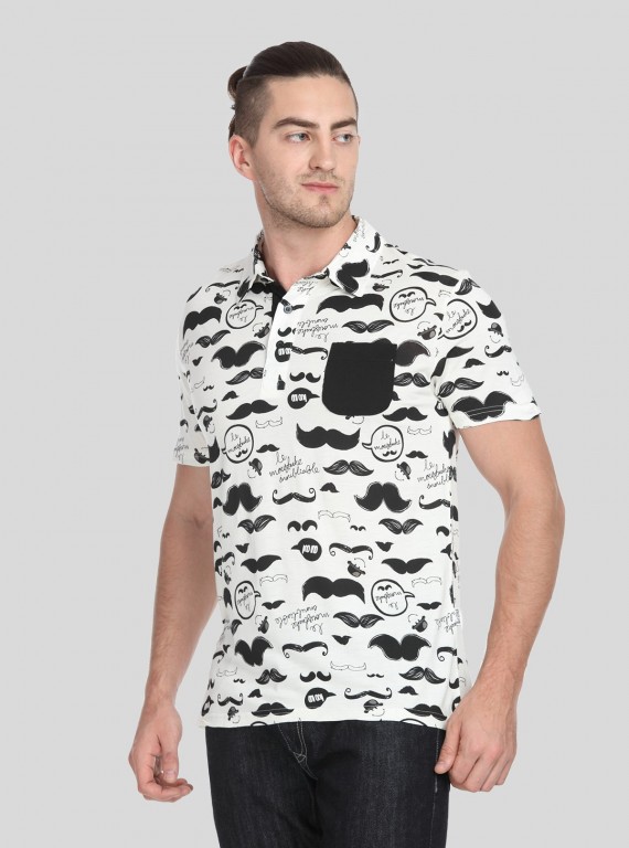 Mustache Print Self Collar Polo TShirt