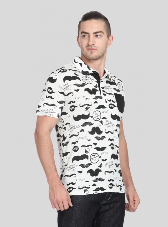 Mustache Print Self Collar Polo TShirt