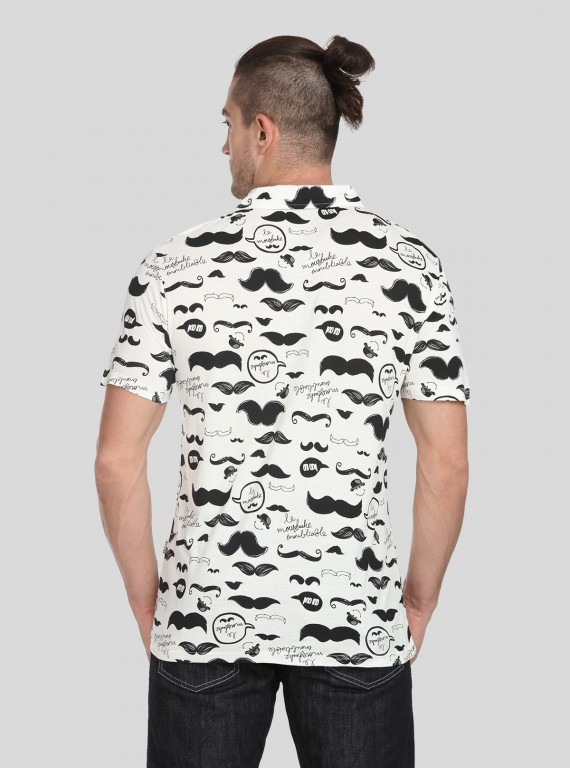 Mustache Print Self Collar Polo TShirt