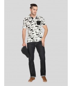 Mustache Print Self Collar Polo TShirt