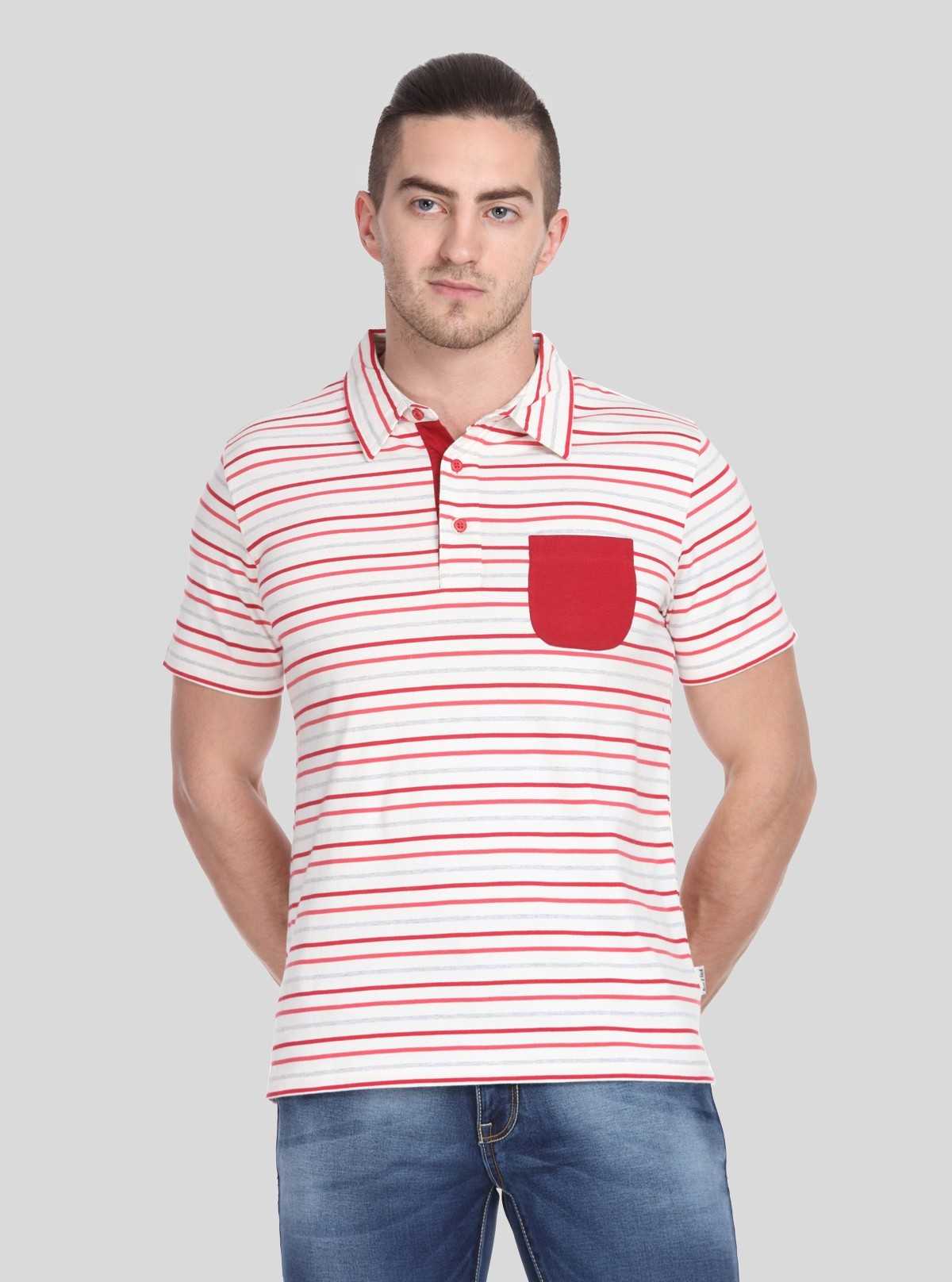 Men’s Red Striped Polo T-Shirt with Patch Pocket – Smart, Bold & Everyday Ready