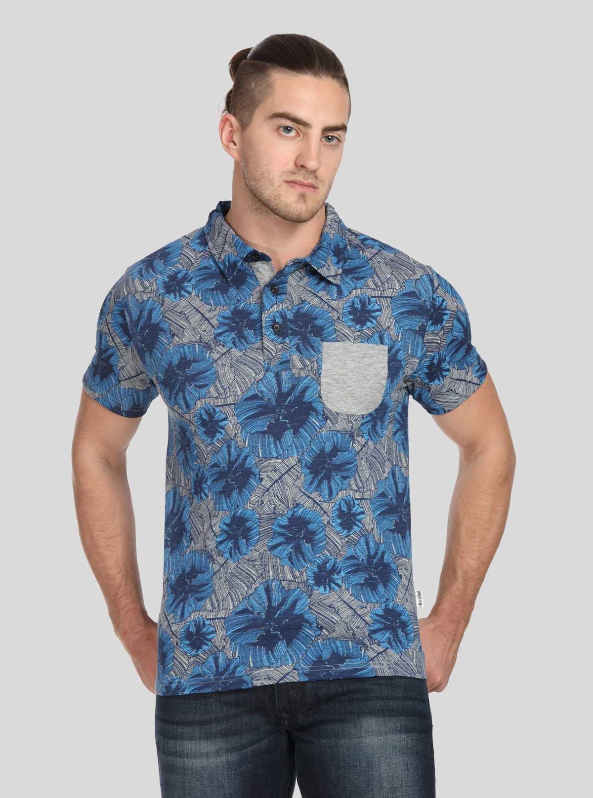 Men’s Blue Abstract Print Polo T-Shirt with Patch Pocket – Artistic & Modern Fit