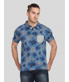 Blue Floral Self Collar Polo TShirt