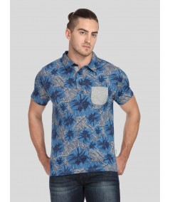 Men’s Blue Abstract Print Polo T-Shirt with Patch Pocket – Artistic & Modern Fit