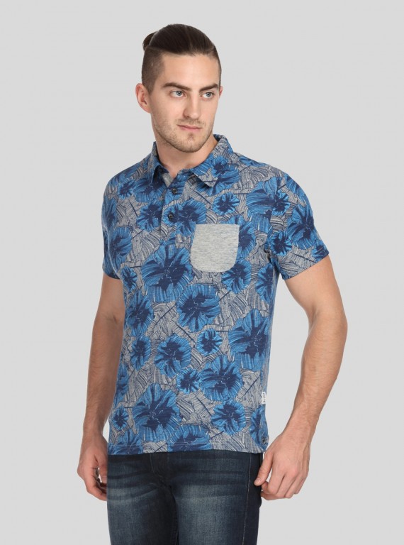 Blue Floral Self Collar Polo TShirt