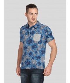 Blue Floral Self Collar Polo TShirt