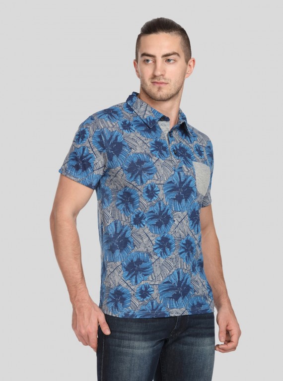 Blue Floral Self Collar Polo TShirt