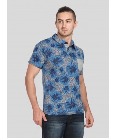 Blue Floral Self Collar Polo TShirt