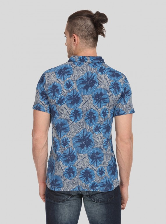 Blue Floral Self Collar Polo TShirt