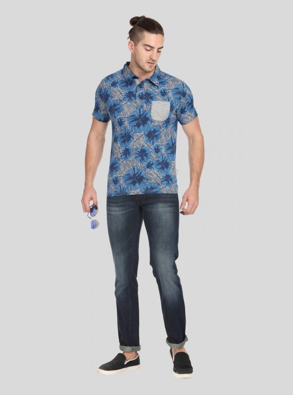 Blue Floral Self Collar Polo TShirt