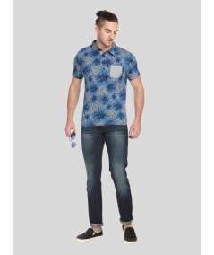 Blue Floral Self Collar Polo TShirt