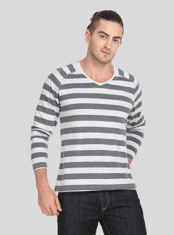 Men’s Grey Striped Full Sleeve V-Neck T-Shirt – Classic Comfort & Style