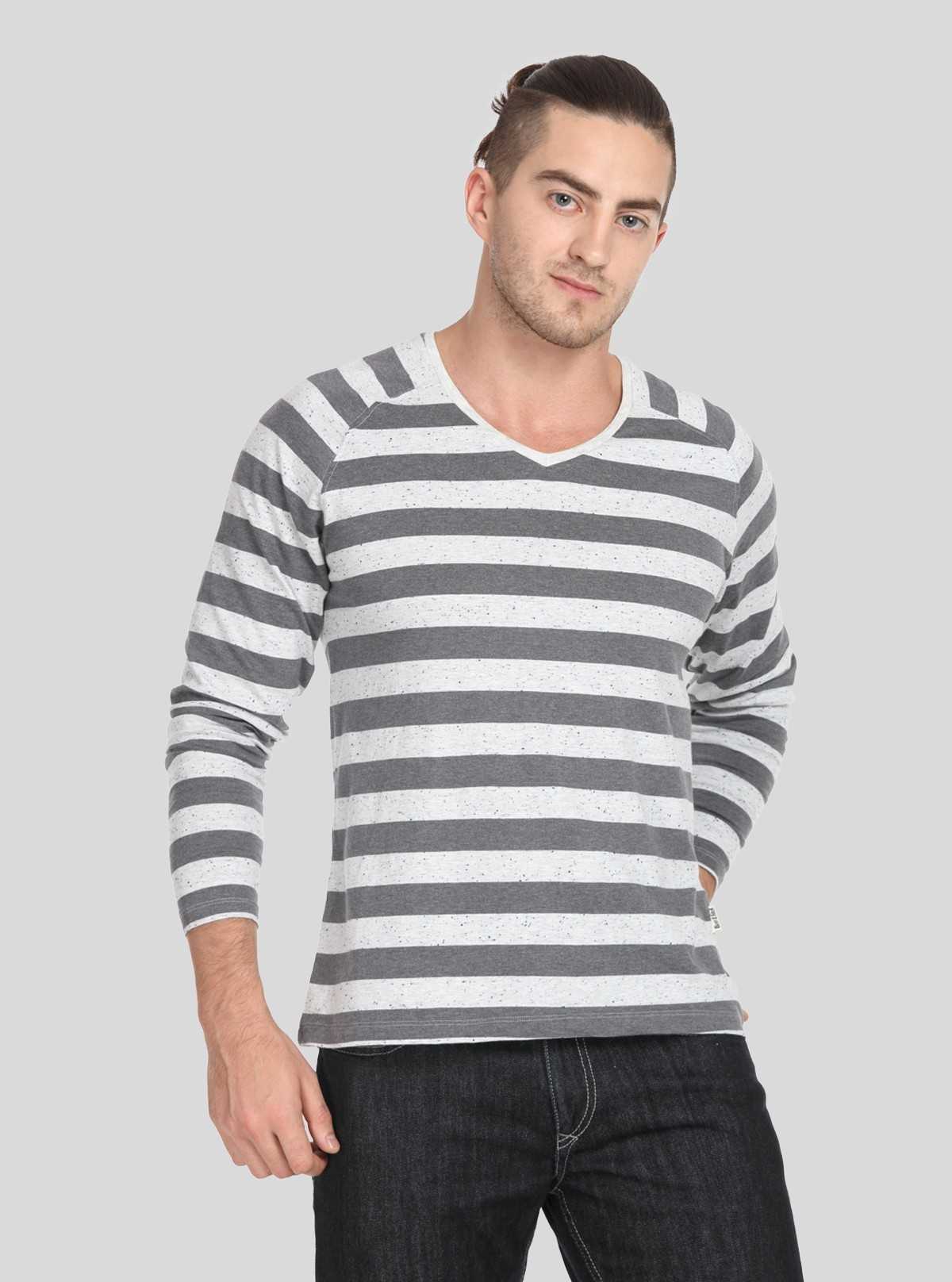 Men’s Grey Striped Full Sleeve V-Neck T-Shirt – Classic Comfort & Style
