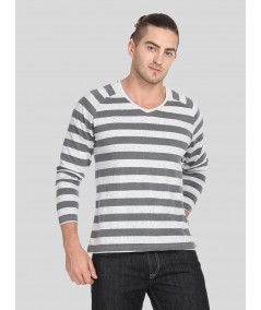 Men’s Grey Striped Full Sleeve V-Neck T-Shirt – Classic Comfort & Style