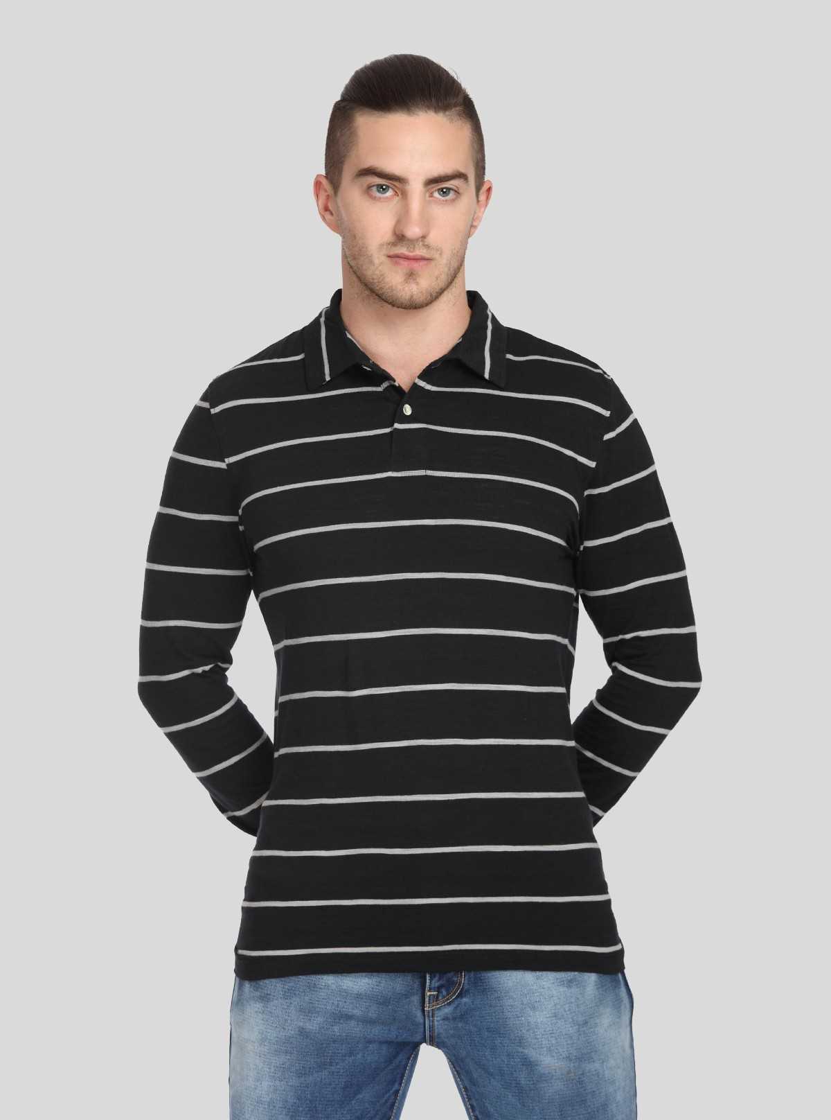 Men’s Black Striped Full Sleeve Polo T-Shirt – Sleek & Refined Style