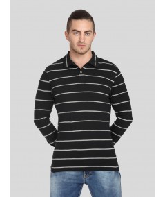 Men’s Black Striped Full Sleeve Polo T-Shirt – Sleek & Refined Style